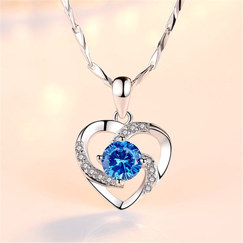 [Ready Stock]Fashion Heart-Shaped Pendant 925 Silver-Plated Diamond Sapphire Necklace