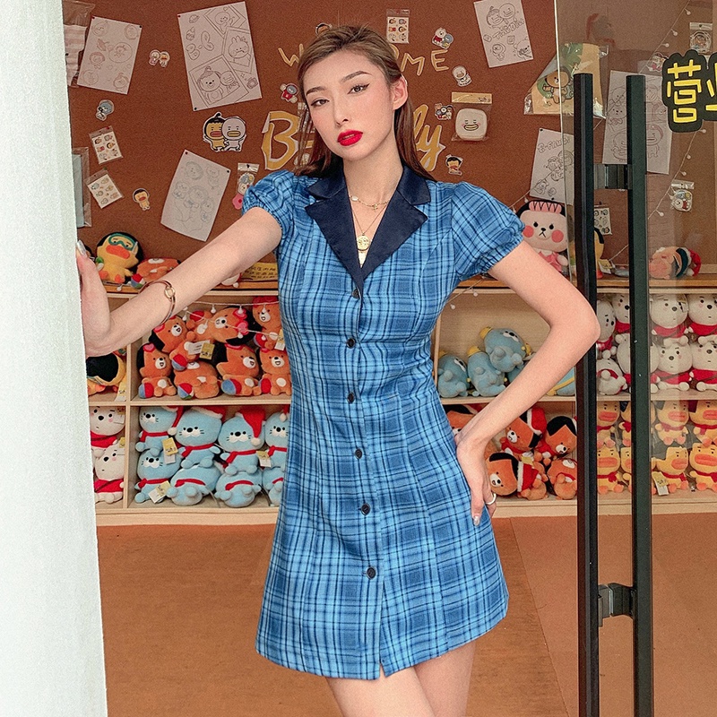 #Sisjuly# wind retro peacock blue plaid suit dress pinggang kancing kerah