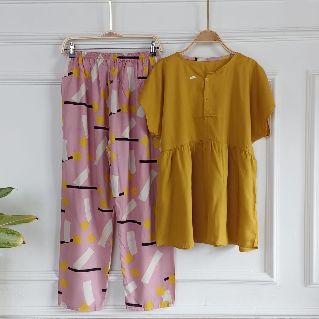 SETELAN BAJU TIDUR PIYAMA WANITA ONE SET PAJAMAS RUFFLE KANCING BUSUI CELANA PANJANG-BBR 8