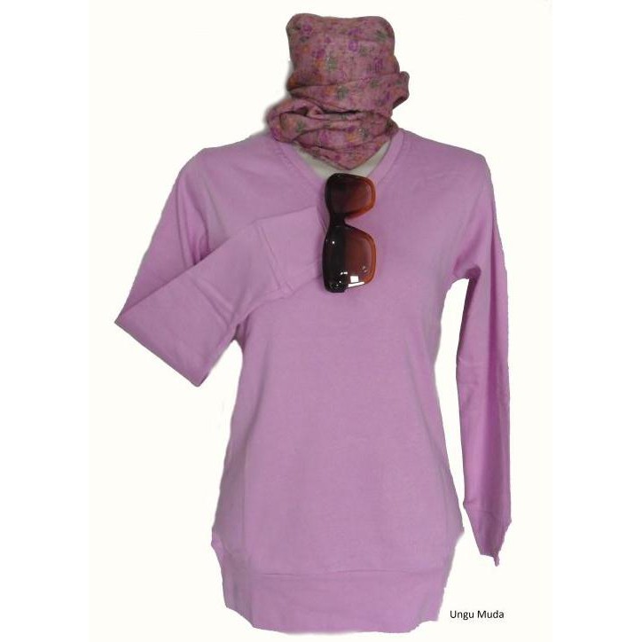 Stok Terbatas Kaos Lengan Panjang Bahan Katun Spandek V-Neck Warna Ungu Muda