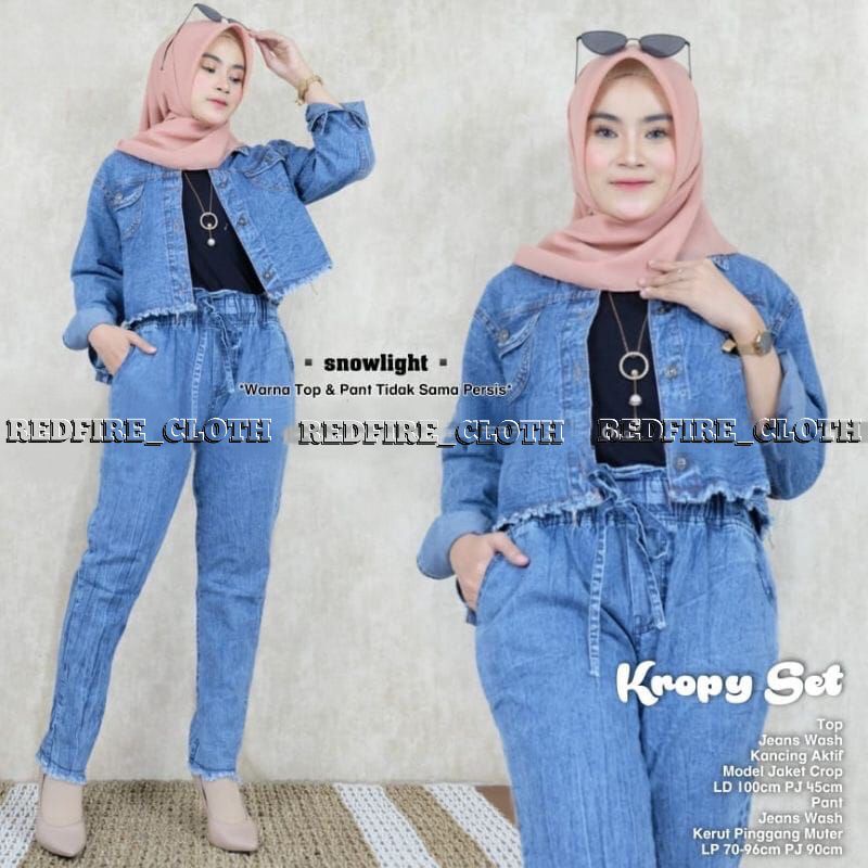 One Set Jaket Crop Jeans Snow  Wanita Set