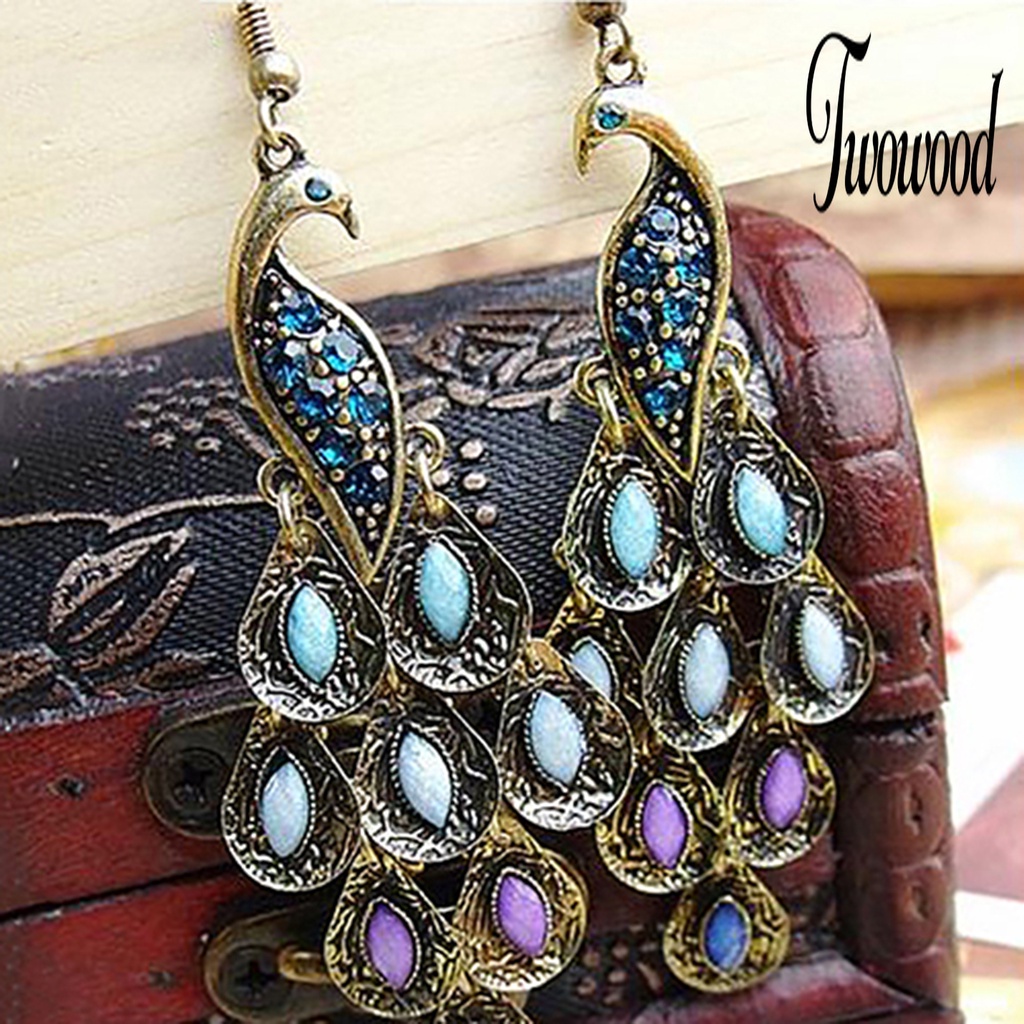 Anting Hook Dangle Bentuk Merak Gaya Bohemian Vintage Untuk Pesta