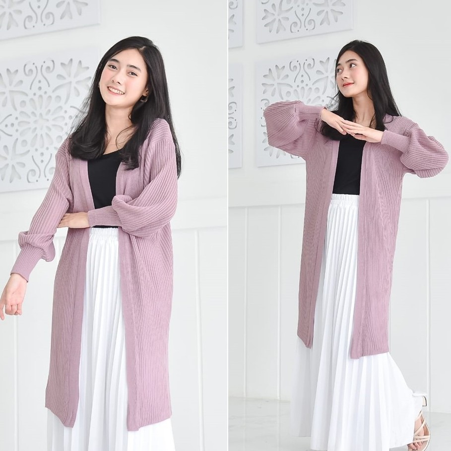 LONG CARDIGAN RAJUT WANITA || CARDY RAJUT || BELLE OVERSIZE / CARDI OUTER / CARDY POLOS-NILA MUDA