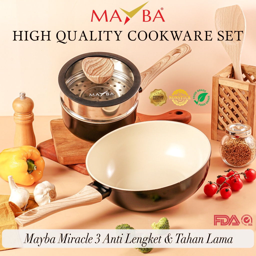 PANCI SET MIRACLE MAYBA 3PC Wok Sauce pan and silicone lid|Wajan Wok milkpan anti lengket pearl ceramic dengan tutup kaca silikon