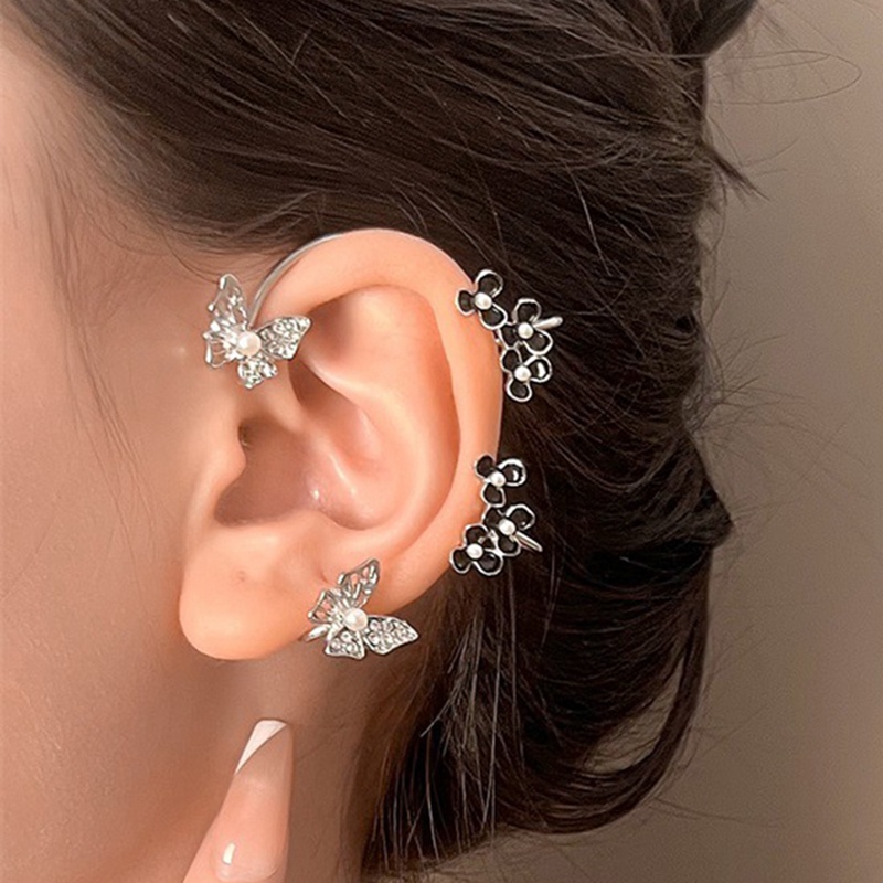 1pc Anting Klip Telinga Kiri Tanpa Tindik Desain Kupu-Kupu Putih Bunga Mutiara Berlian Imitasi Untuk Wanita