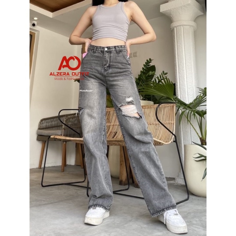 Alzera Highwaist Jeans Sobek Kulot Loose Terkini