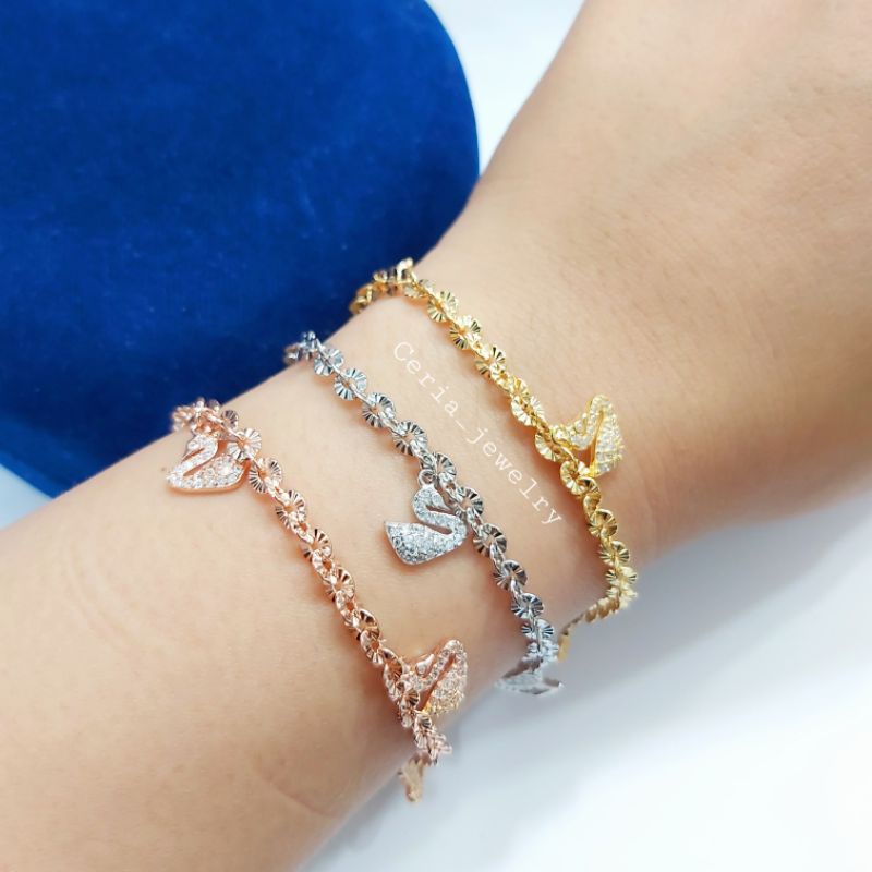 Gelang Perak Asli Silver 925 Lapis Emas Model Nori Ukir+Angsa/swan - Perhiasan Perak Wanita