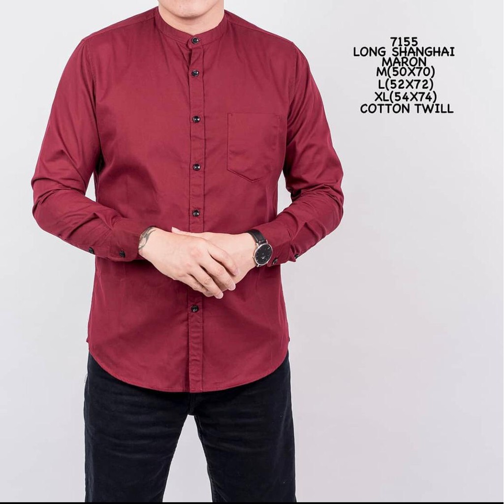 Kemeja polos pria lengan panjang kerah shanghai baju cowok slimfit