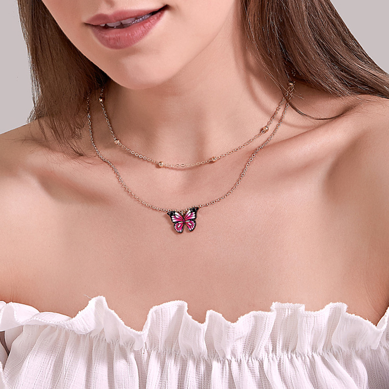 Retro Double Layer Bead Butterfly Necklace Dreamy Color Butterfly Clavicle Chain Ins Fashion Female Jewelry