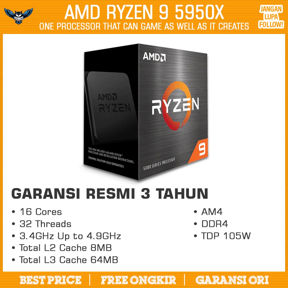 PROCESSOR AMD RYZEN 9 5950X AM4 3.4GHz UpTo 4.9GHz 16C 32T GARANSI 3 TAHUN