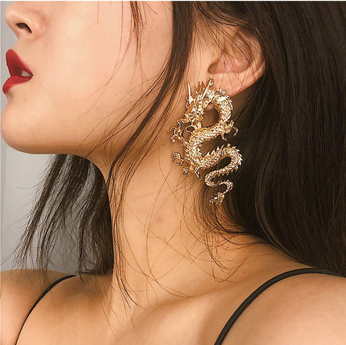 Vintage Chinese Style Dragon Stud Earrings  / Ladies Elegant Gold Sliver Colour Drop Earrings  / Korean INS  Style Alloy Studs Earrings