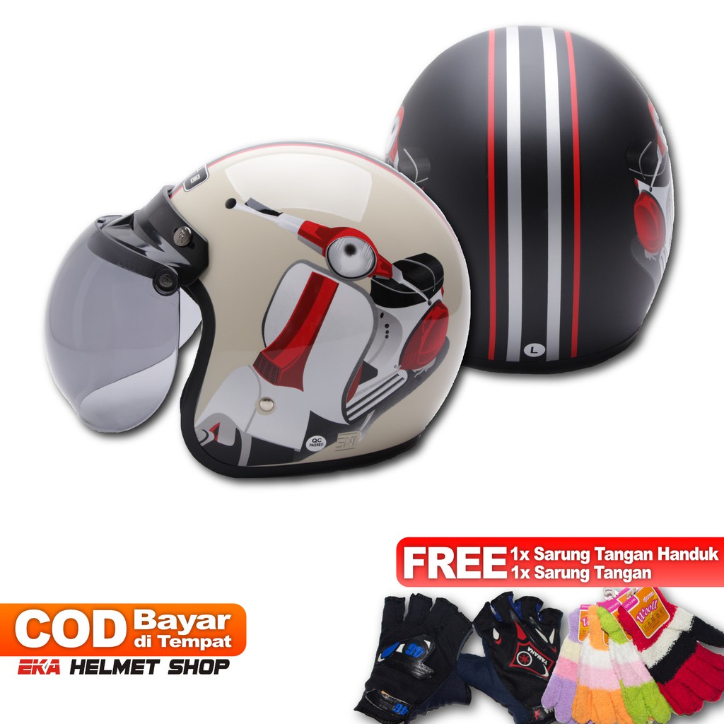 [COUPLE HELM DEWASA] WTO Helm Retro - Vespa - Krem + Hitam Doff