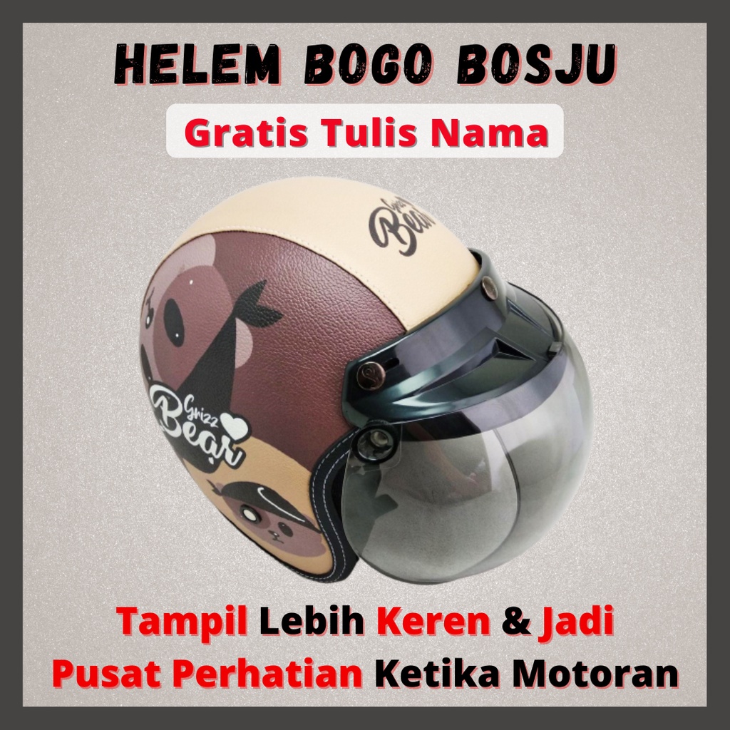 HELM BOGO RETRO KULIT WANITA DEWASA KACA DATAR CLASSIC MOTIF BERUANG COKLAT LUCU - HELEM BOGO BOSJU