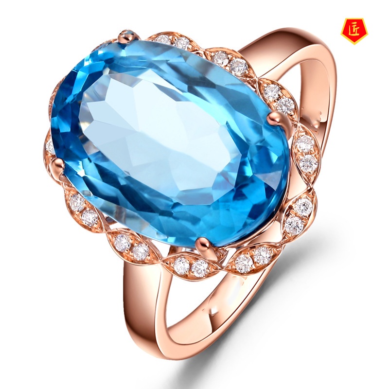 [Ready Stock]Simple Elegant Colored Gems Blue Topaz Ring