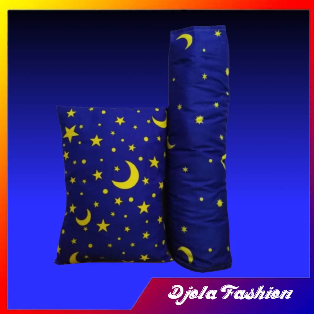 Sarung Bantal dan Sarung Guling Motif Bulan Bintang Biru Kuning/Sarung Bantal Murah/Sarung Bantal Guling