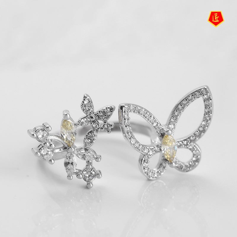 [Ready Stock]S925 Silver Personality Butterfly Opening Ring Yellow Diamond Fashion