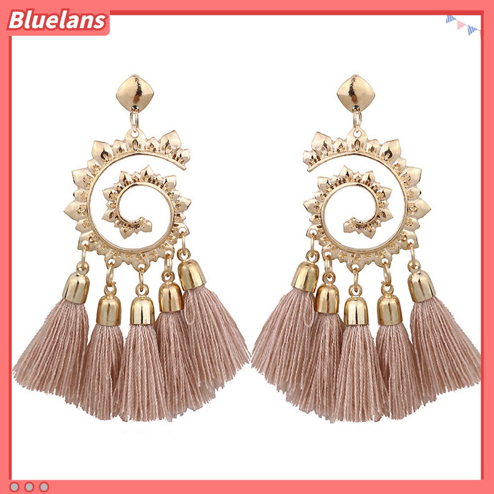 Anting Juntai Bentuk Spiral Aksen Rumbai Gaya Bohemian Untuk Wanita