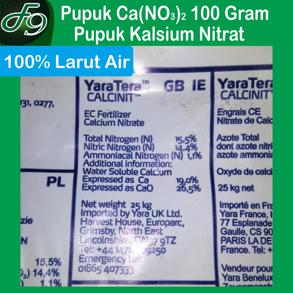 Pupuk Kalsium Nitrat 100 Gram, Ca(NO3)2 Hidroponik Grade, repack