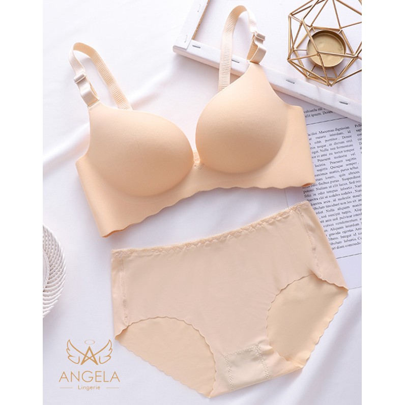 [ COD ] ANGELA Premium JAPAN Quality Seamless Sport Push Up Bra Set Celana Dalam Wanita Tanpa Kawat-Cream