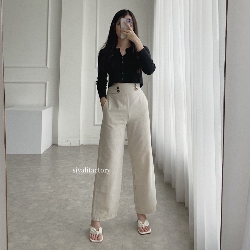 TRIVELA Celana Kulot Linen Highwaist 2238 - Linen Cullotes Double Button / Linen Pants Four Button