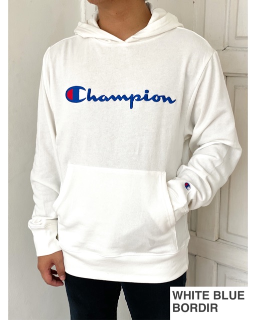 white and blue champion hoodie