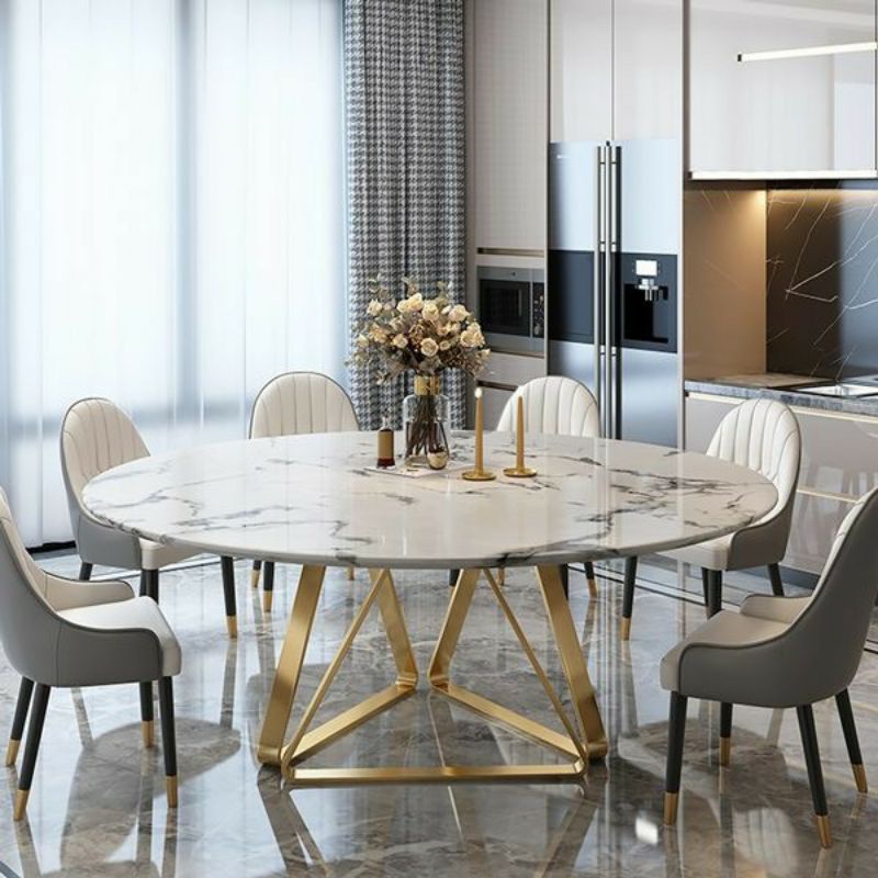 Meja makan marmer carara bulat Kaki besi stainless kursi meja makan