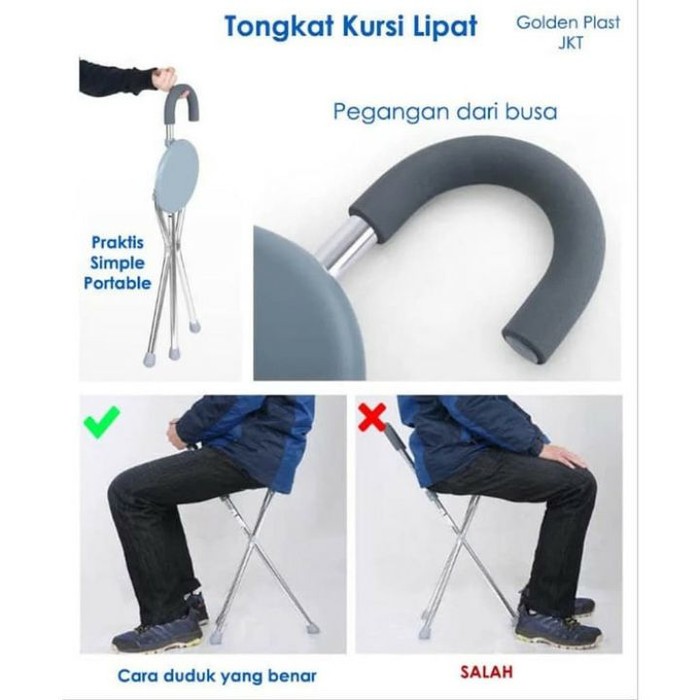 Tongkat duduk Lipat /Tongkat Kursi / Tongkat Duduk Lipat Stainlees / tongkat bantu jalan manula/Tongkat Kaki 4 Empat / Bangku Sholat,Umroh/ Tongkat Jalan  Orang Tua Lansia Kuat Anti Karat Kemenkes