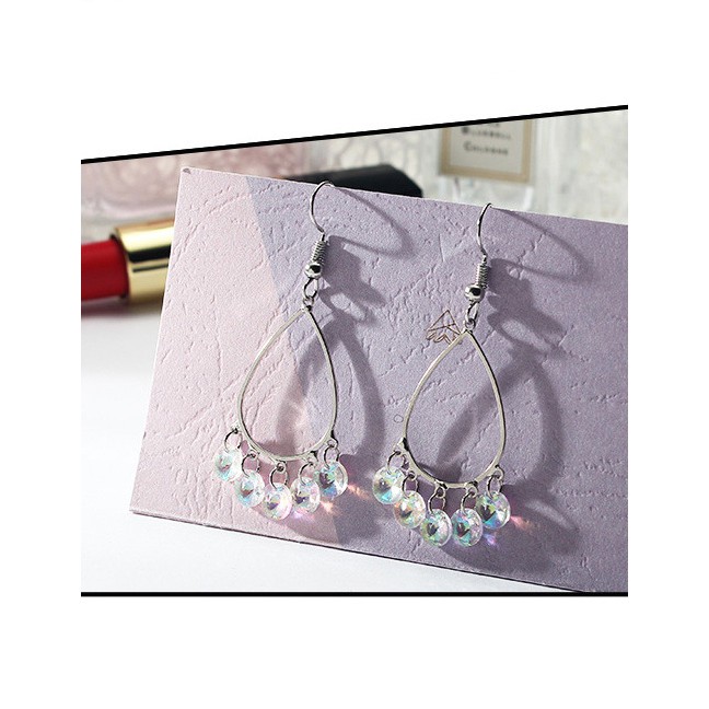 LRC Anting Gantung Fashion Color Round Shape Diamond Decorated Long Earrings