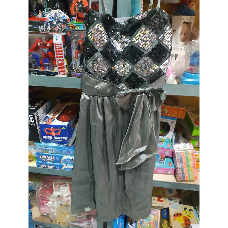 Gaun Dress Baju Pesta Silver Abu Abu Satin Glossy Karet
