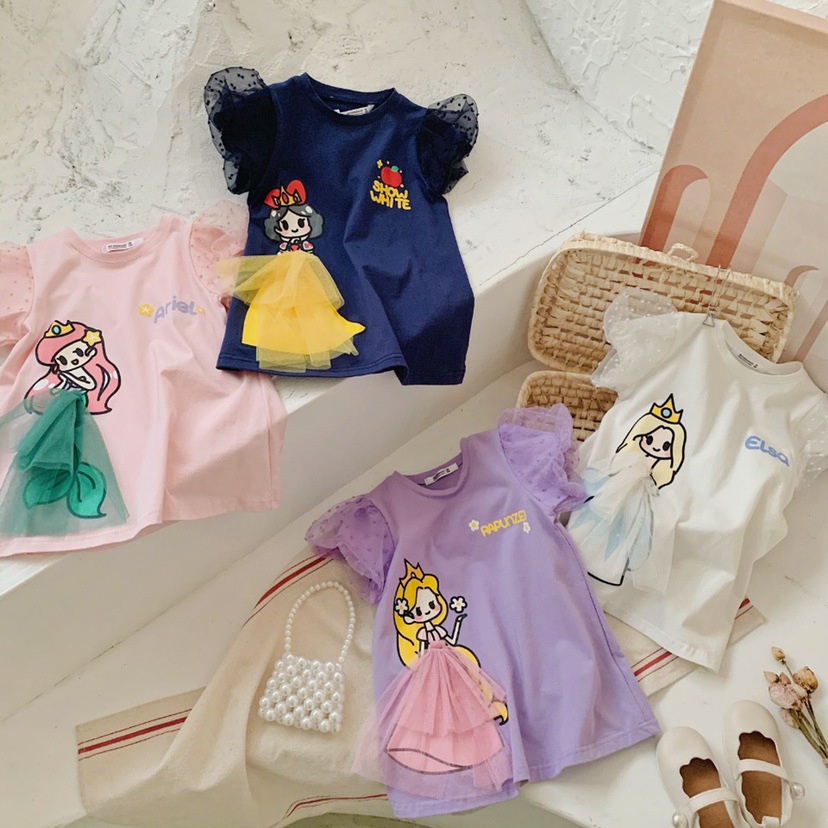 Dress Puff Sleeves anak perempuan Princess Elsa Snow White Mermaid Aurora Model T-shirt/ Dress Kasual