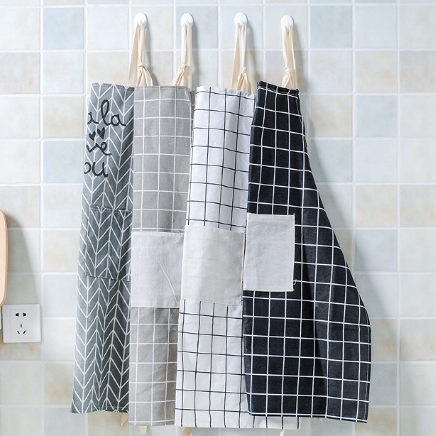 Celemek Dapur Masak Korea Motif Kotak Bahan Kain Katun Linen [scood]
