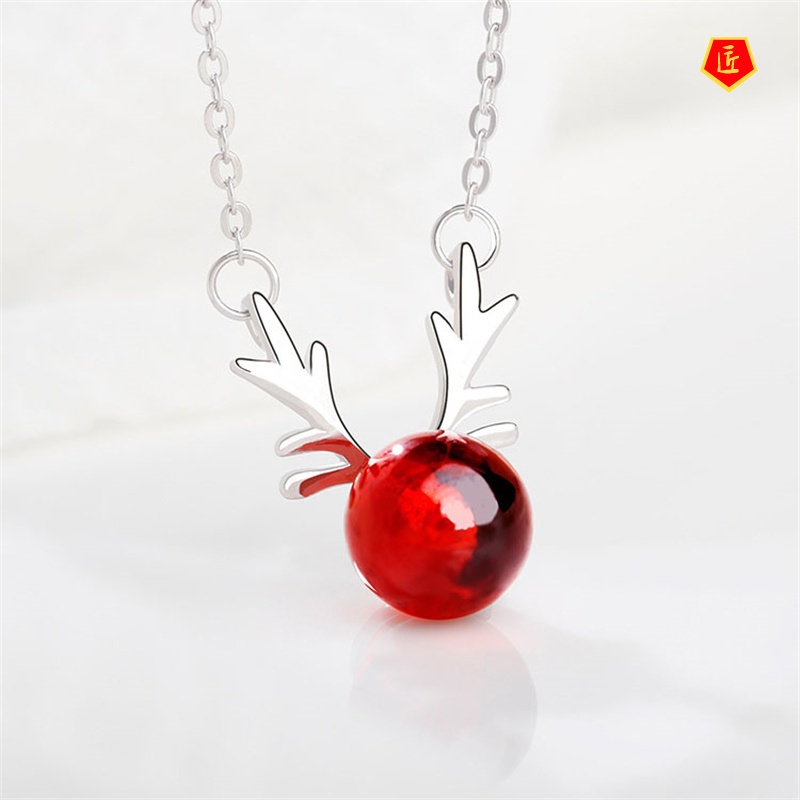 [Ready Stock]925 Silver Garnet Elk Necklace Japan and South Korea Sweet and Simple