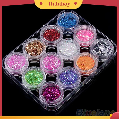 Huluboy Huluboy♡ Set Bubuk Payet Glitter Akrilik UV Gel 12 Warna Untuk Dekorasi Nail Art