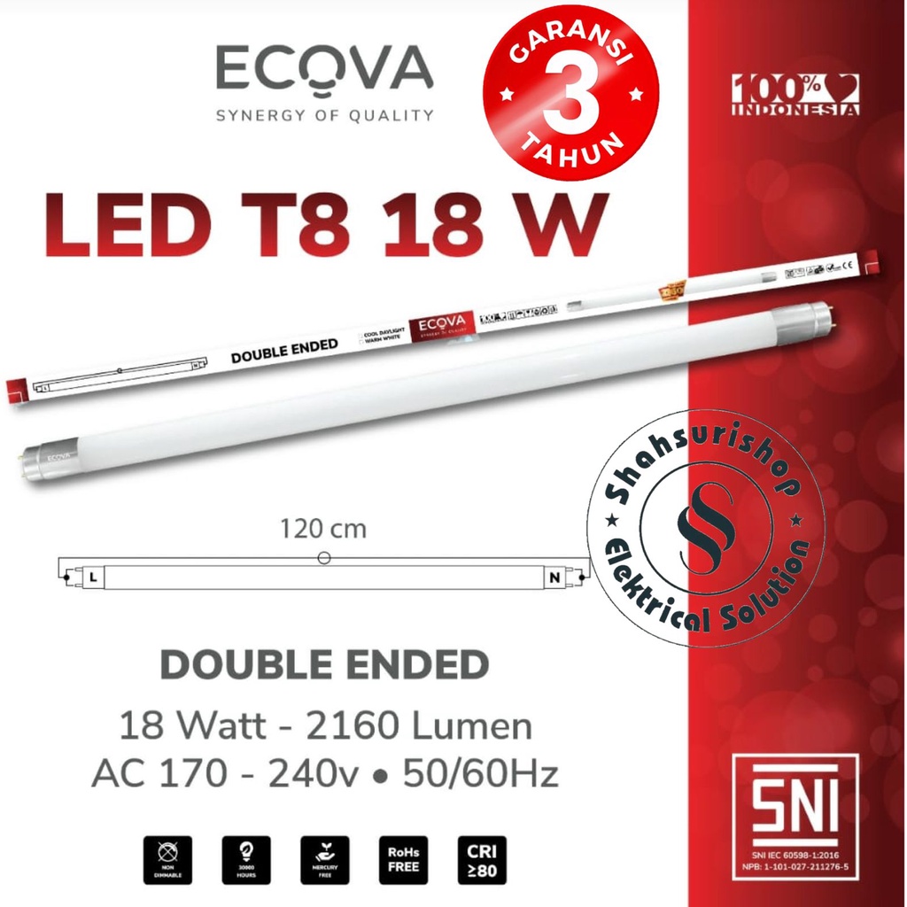 ECOVA T8 LED LAMPU TL LED 18W 18 W WATT 120 CM BODY FITTING ALUMUNIUM