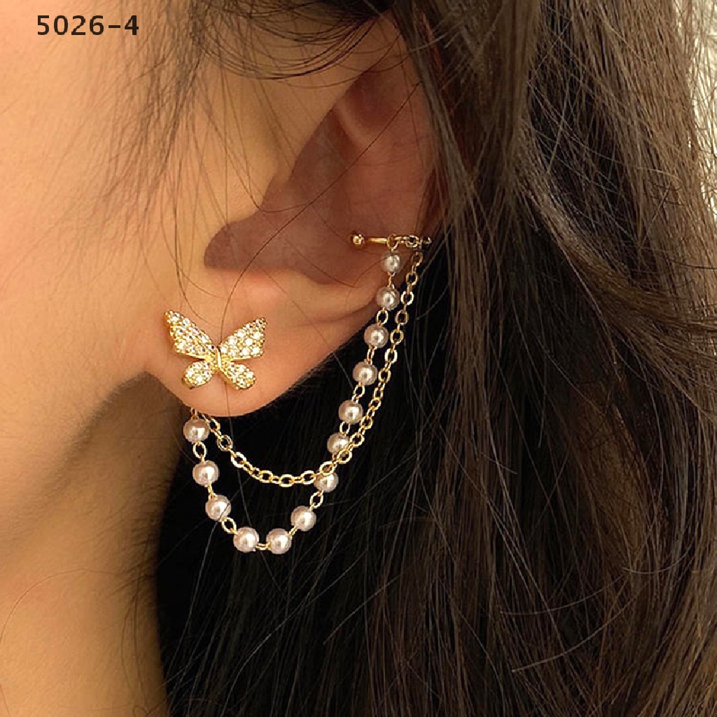 5026-4 Korean Elegant Rhinestone Butterfly Stud Earring With Metal Chain For Women Girl 5026-4