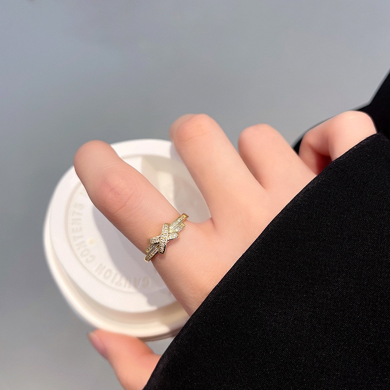 cincin wanita Color-preserving electroplating Korean version of simple and fashionable cross letter X geometric bow open ring