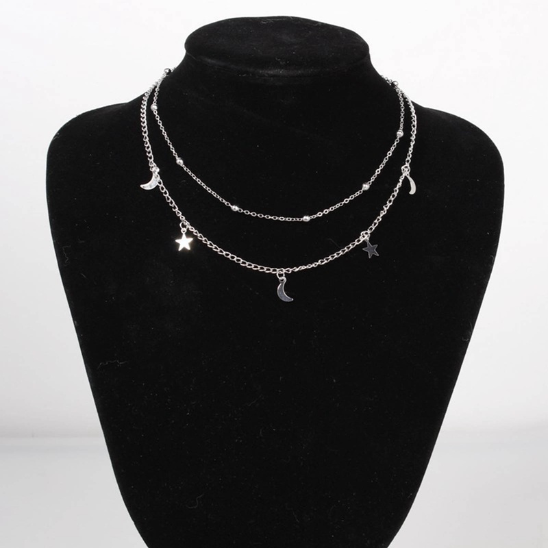 Kalung Rantai Klavikula Pendek Lapisan Ganda Desain Bulan Bintang Gaya Eropa Amerika