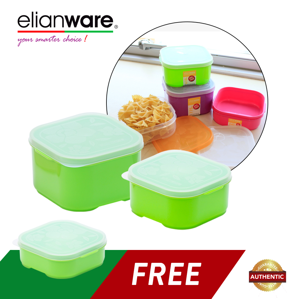 Elianware Colourful Square Plastic BPA Free Food Containers Set (3 Pcs) E-1081C E-1082C E-1083C