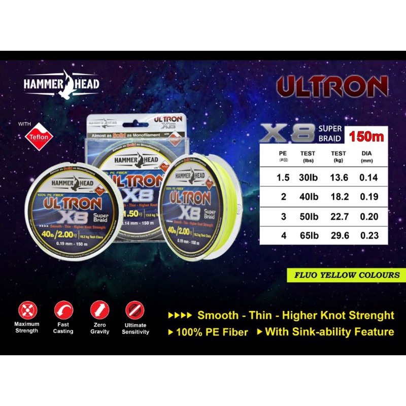 senar pancing pe braid hammerhead ultron 150 meter