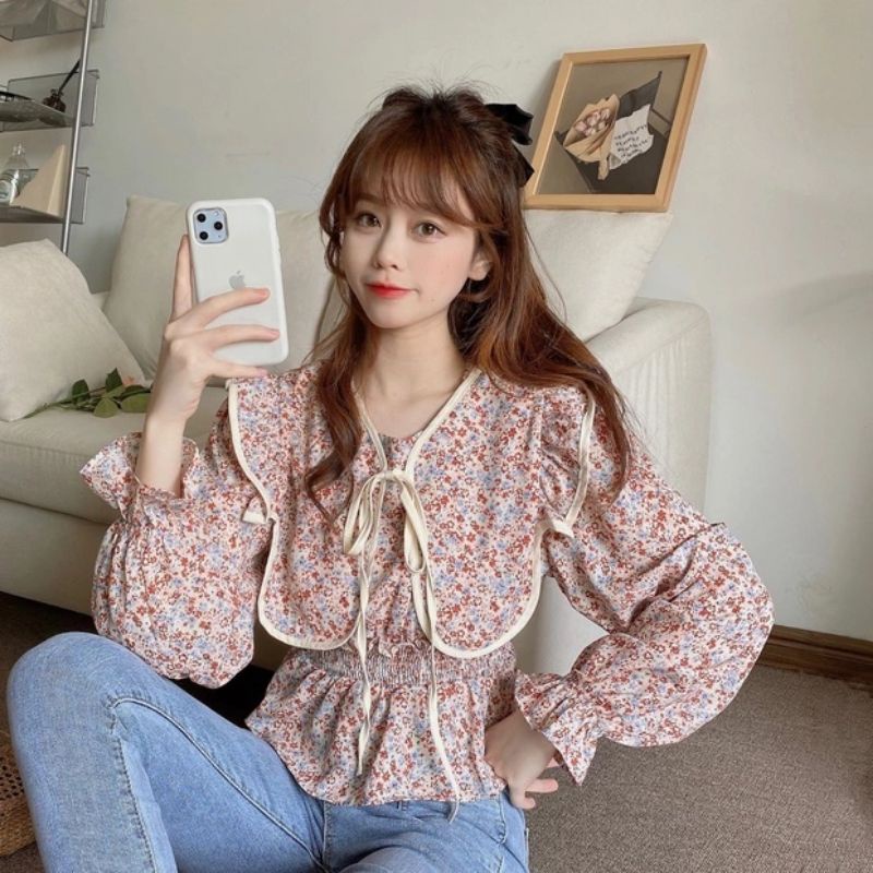 5092  sale realpic Baju Blus blose blouse kemeja COLLAR top lengan puff balon baloon kerah rempel pi