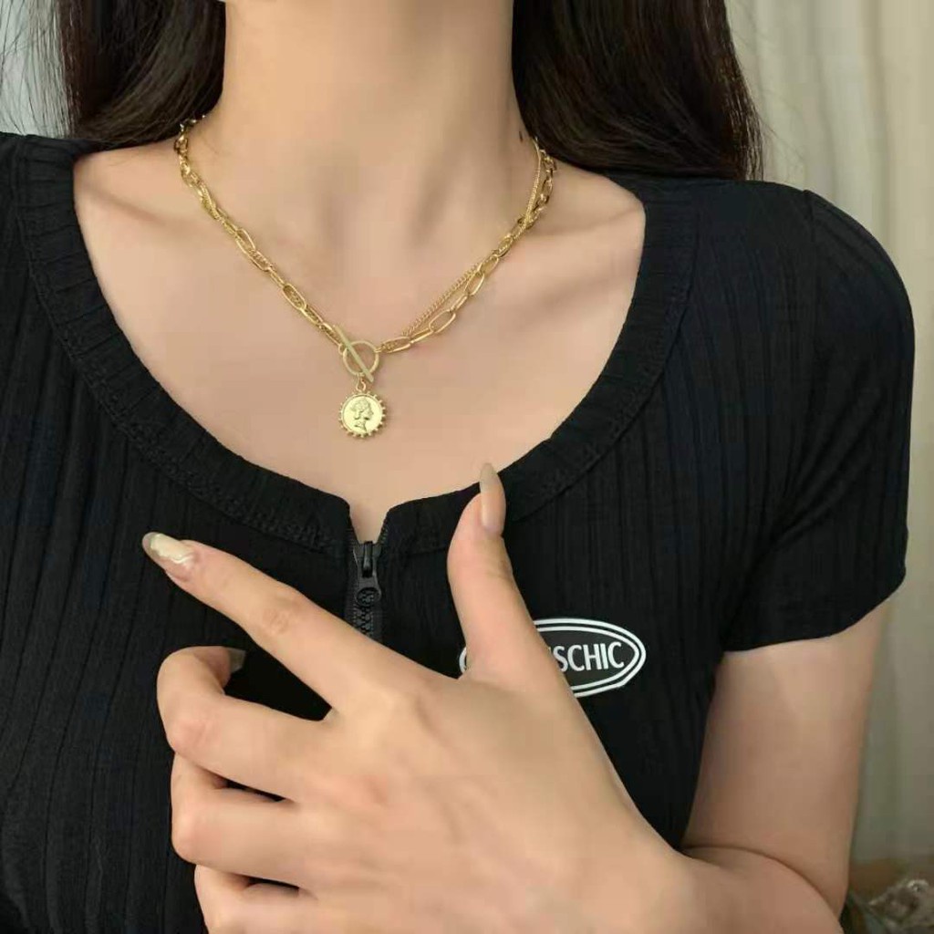 Kalung Choker Wanita Logam Ganda Liontin Koin Ratu Cantik Aksesoris Fashion Korea Dalika