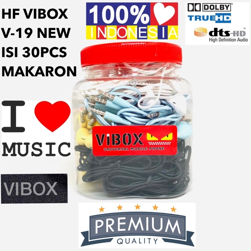 GROSIR HANDSFREE MACARON TOPLES VIBOX V19 NEW ISI 30PCS ORIGINAL FULL MUSIC ASIK