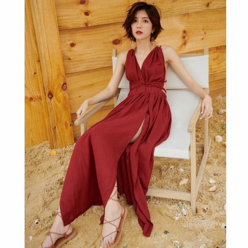 backless dress dengan model tali silang warna merah bahan katun krep CODE TG49-796