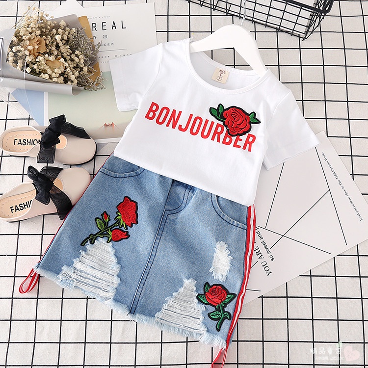 SSP26/67- Setelan Anak Perempuan 2in1 Set Kaos+Rok Jeans Bonjourber Roses