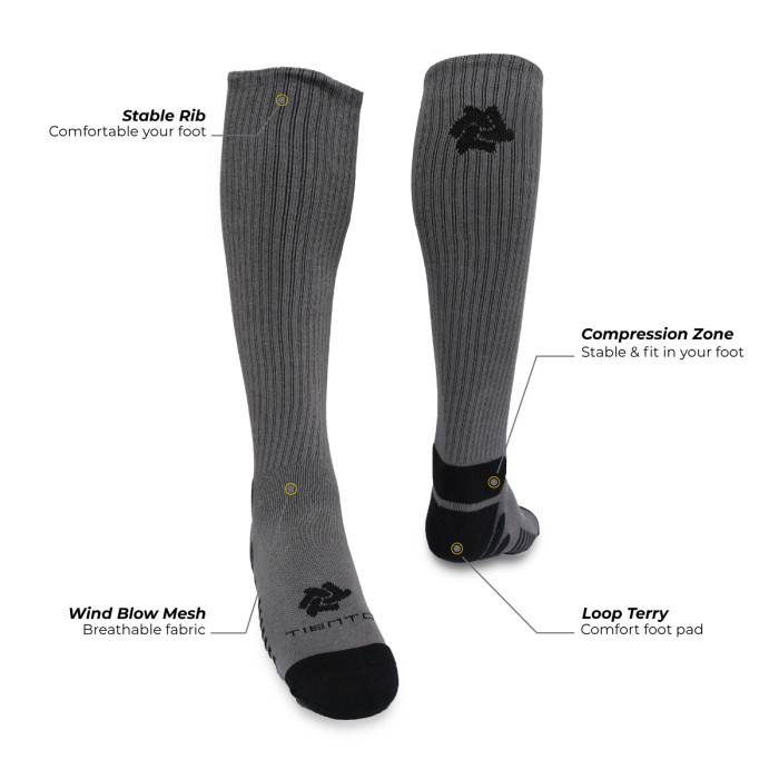 Tiento Long Compression Socks Grey Kaos Kaki Olahraga Ketat Panjang