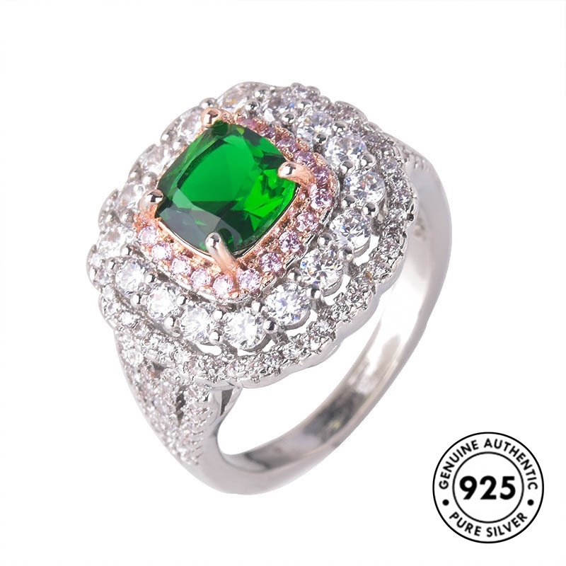 Cincin Sterling Silver 925 Dengan Emerald Elegan Untuk Wanita