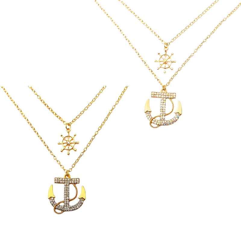 Kalung Liontin Jangkar Ganda Aksen Berlian Imitasi Gaya Retro Korea Untuk Pria Dan Wanita