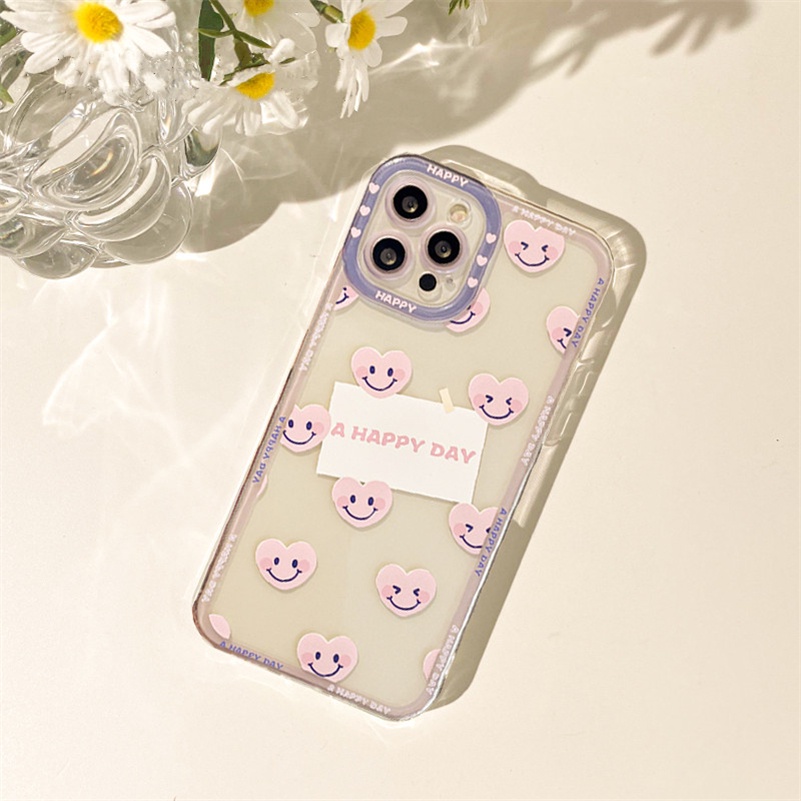 Soft Case Silikon Transparan Motif Love Smiley Untuk Compatible for iPhone 14 13 12 11 Pro Max X Xr Xs Max SE 8 7 6 6s Plus Clear Phone Case All-Inclusive Precision Hole Silicone Shockproof Phone Back Cover