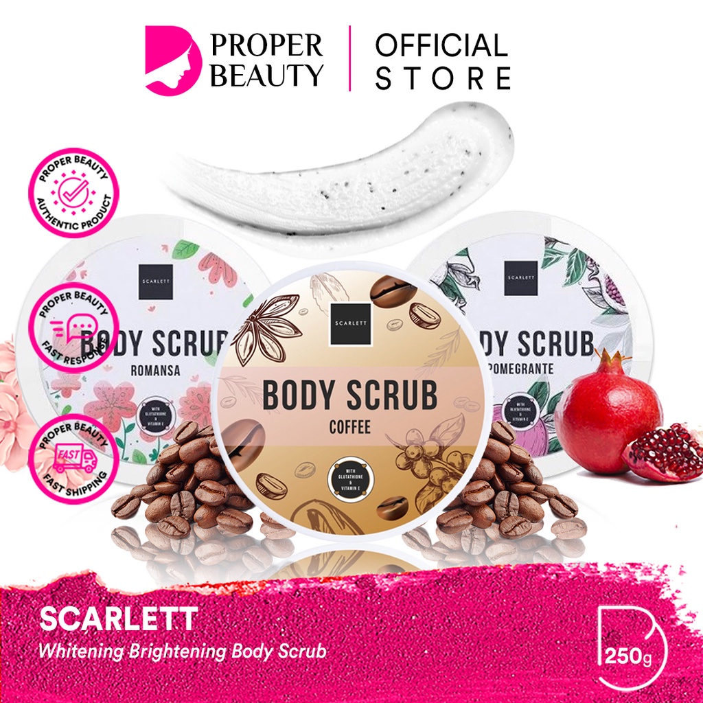 SCARLETT Whitening Body Scrub Indonesia / Facial Wash Essence Toner Serum Ampoule Day Night Cream Clay Mask Masker Gel Sunscreen Shower Lotion Shampoo Conditioner / Brightly Ever After Acne Mugwort Paket Set Hydrating Romansa Pomegrante Coffee Sabun Mandi