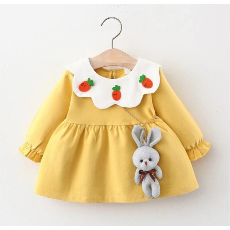 DTK 04 - Dress bayi lengan panjang/baju dress anak /pakaian bayi anak perempuan aksesories tas boneka kelinci